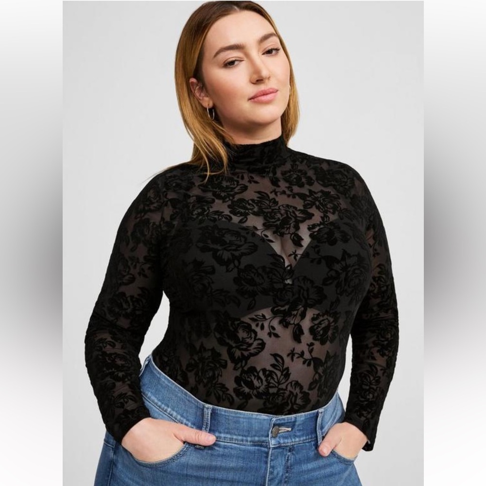TORRID Flocked Mesh Mock Neck Black Long Sleeve Floral Top Size 1X 14/16 NEW